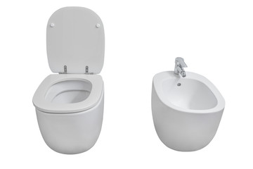 white toilet and bidet isolated on white background