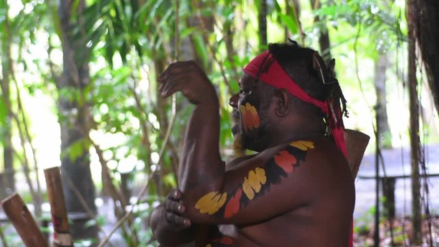 Yirrganydji Aboriginal man explain about didgeridoo during cultural show in Queensland, Australia.