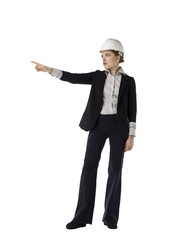 a female architect pointing to the side