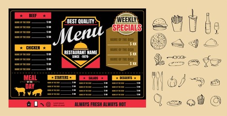 Restaurant Fast Foods menu on chalkboard vector format eps10