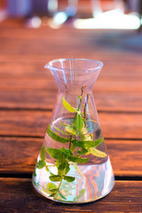 water with peppermint leaves in carafe on wooden ground