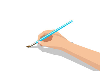 Isolated hand holding a paintbrush. Brush painting on white background. Vector illustration