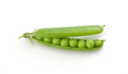 Fresh green pea pod on the white