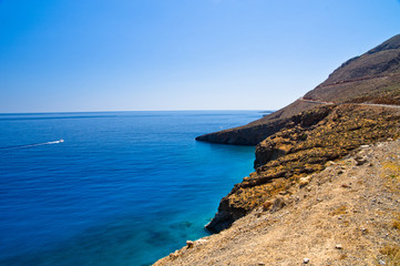 Fototapeta na wymiar Landscape, mountains and view at Lybian sea coast at south side of Crete island, Greece