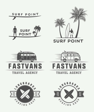 Set of vintage surfing logos, emblems, badges, labels 