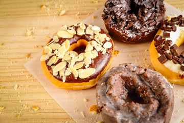 Donuts on wooden background