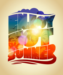 Happy vacation card with sunset tropical backdrop silhouette