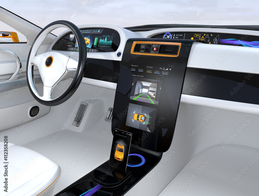Poster electric vehicle automatic parking system interface concept. 3d rendering image.