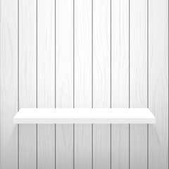 Realistic white shelf on wooden wall. White background.