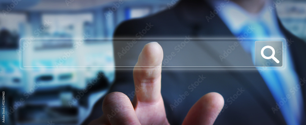 Poster man surfing on internet with digital tactile web address bar