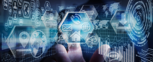 Young businessman using charts and icons interface