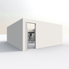 3d exterior rendering perspective view of cube home apartment with open door