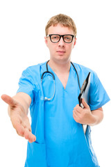 Doctor surgeon extends a hand, portrait on a white background