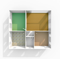 3d interior rendering plan view of empty home apartment with floor materials: room, bathroom, bedroom, kitchen, living-room, hall, entrance, door, window