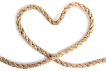 Heart shaped knot on a rope isolated on white background