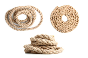 a collage of strong rope wound on a white isolated background - obrazy, fototapety, plakaty