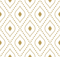 Geometric repeating vector golden pattern with diagonal dotted lines. Seamless abstract modern pattern