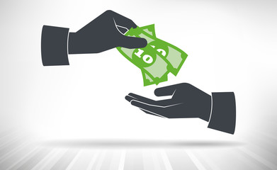 Money handover. One hand giving money bills to another hand