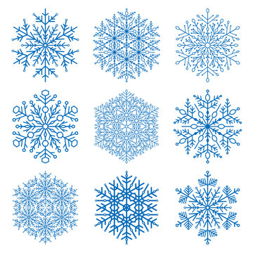 Set of vector blue snowflakes. Fine winter ornament. Snowflake collection