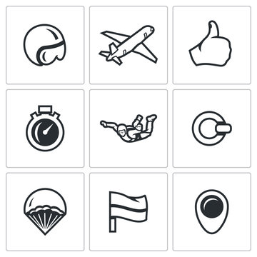 Vector Set of Skydiving Icons. Helmet, Plane, Ready, Time, Skydiver, Ring, Parachute, Landing Place, Wind Direction.