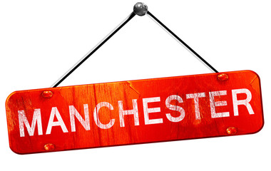 Manchester, 3D rendering, a red hanging sign