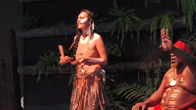 Yirrganydji Aboriginal woman dance and man play didgeridoo in Queensland Australia