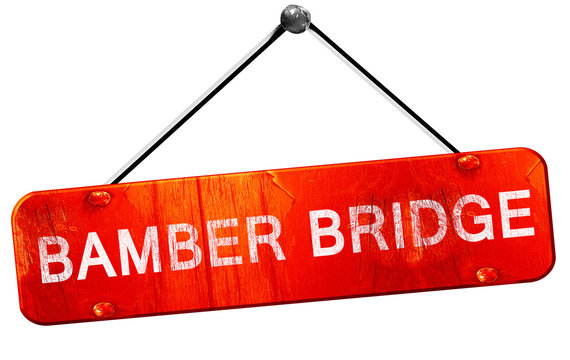 Bamber bridge, 3D rendering, a red hanging sign