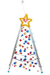 Creative Christmas tree - stepladder with hanging balls isolated