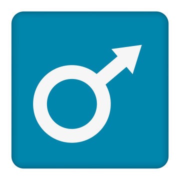 Male Symbol vector icon. Image style is flat male symbol pictogram drawn with blue color on a blue background.
