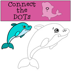 Educational games for kids: Connect the dots. Little cute baby dolphin swims and smiles.