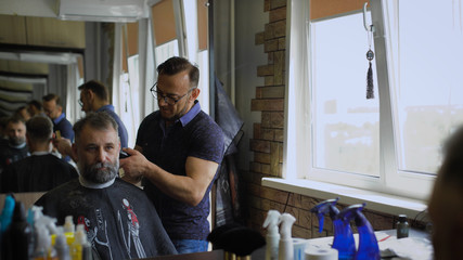 Fototapeta na wymiar Stylish Barber works with the haircut. Client aged with gray hair and beard.