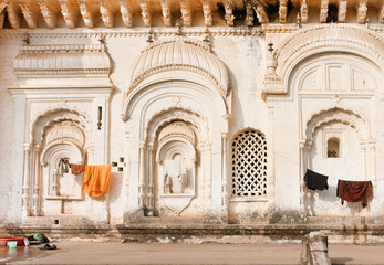 Indian architecture example. Old walls of indian family house with carvings and decoration, India