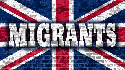 Fototapeta premium Migrants text on old brick wall textured backdrop