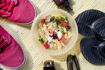 pasta salad with summer clothes and accessories,summer time