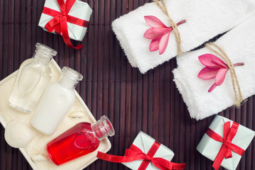 Flat lay spa with presents. Special offer, holiday concept