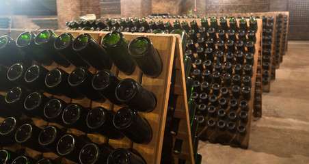 Sparkling wine  bottles fermenting  in winery