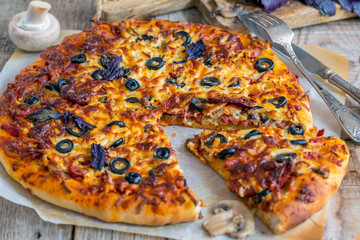 Large pizza with sausage, mushrooms and cheese.