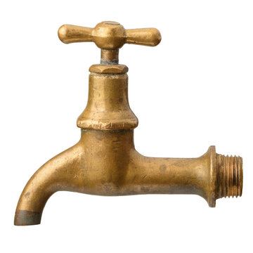 Vintage old brass water tap isolated on white background