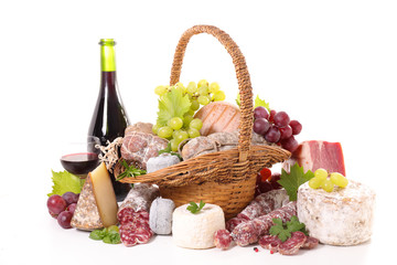 assorted cheese, salami and wine
