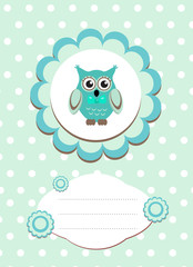 Naklejka premium baby card cute owl, baby owl invitation, frame for text cute animal, cartoon owl vector illustration