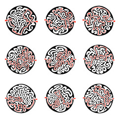 Set of vector maze, round labyrinth illustration with solution.