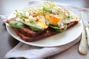 Healthy sandwich with poached eggs and vegetables