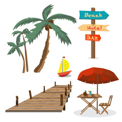 Set of summer beach objects. Summer Holidays. Palm trees, a wood