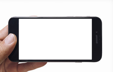 Hands holding smart phone with blank screen on white isolated background