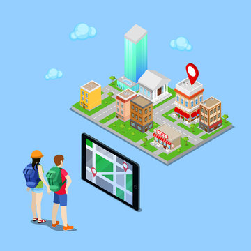 Isometric Mobile Navigation. Tourists Searching Route in the City