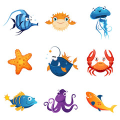Fototapeta na wymiar Colorful Marine Animals Set