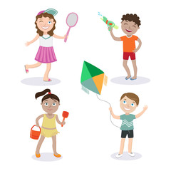 Fototapeta na wymiar Kids on the Beach. Summer Children with Toys. Vector illustration