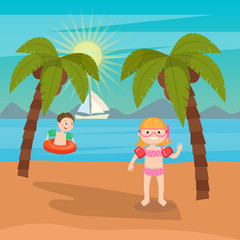 Children Sea Vacation. Girls and Boys Playing on the Beach. Vector