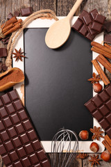 chocolate ingredient and blackboard