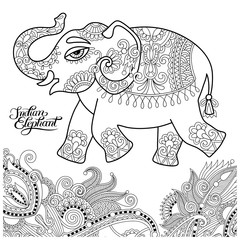 ethnic indian elephant line original drawing, adults coloring bo